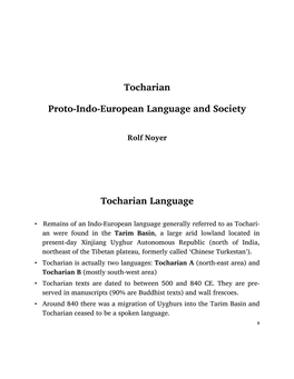 Tocharian Proto-Indo-European Language and Society