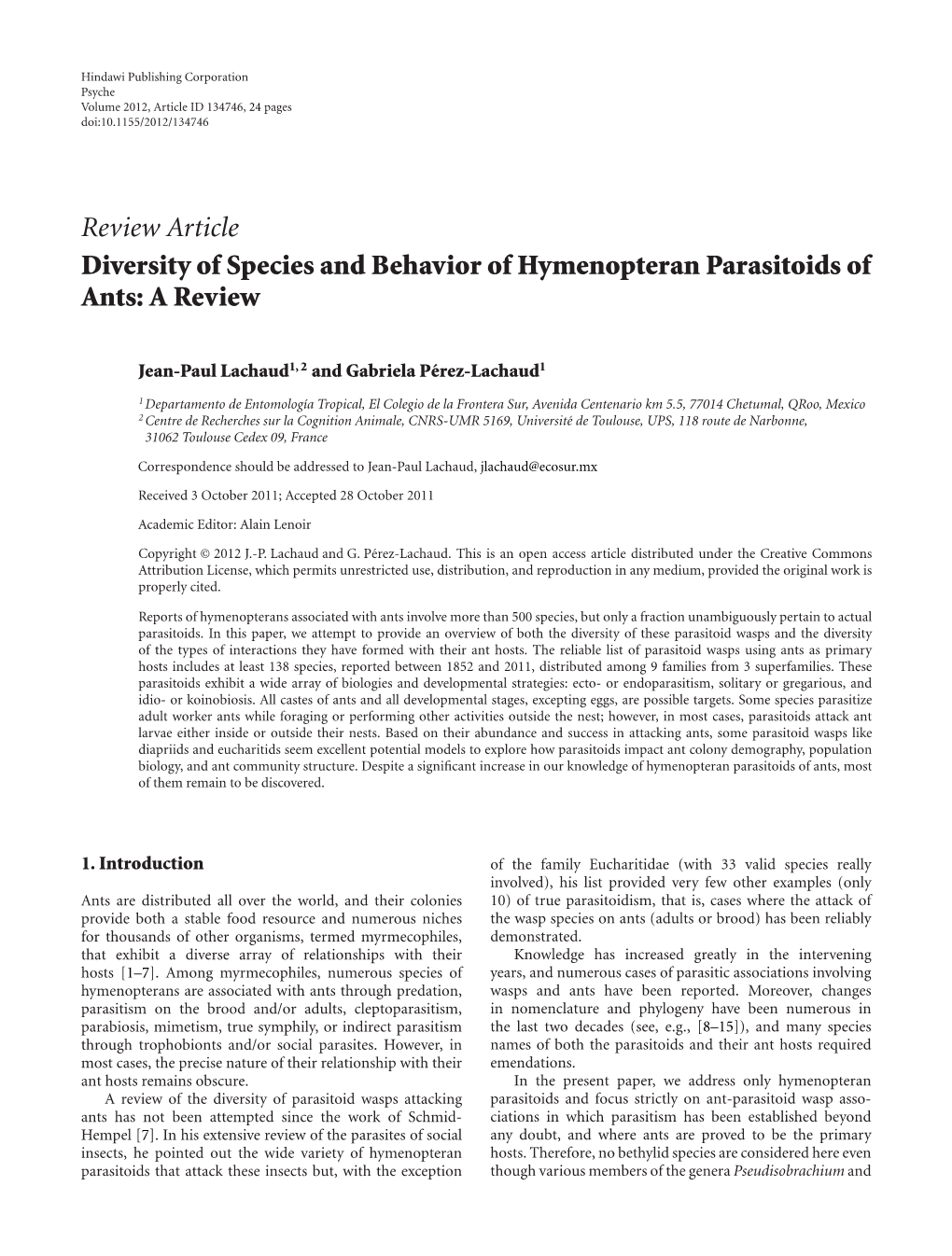 Review Article Diversity of Species and Behavior of Hymenopteran Parasitoids of Ants: a Review