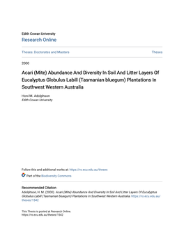 Acari (Mite) Abundance and Diversity in Soil and Litter Layers of Eucalyptus Globulus Labill (Tasmanian Bluegum) Plantations in Southwest Western Australia