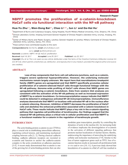 NBPF7 Promotes the Proliferation of Α-Catenin-Knockdown Hacat Cells Via Functional Interaction with the NF-Κb Pathway