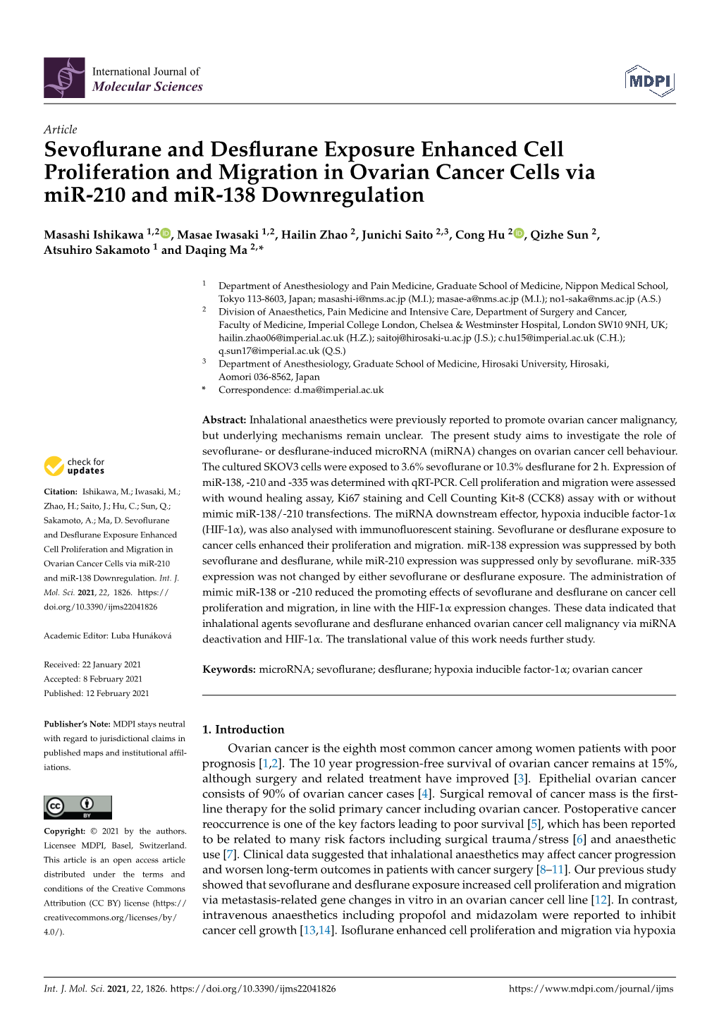 Sevoflurane and Desflurane Exposure Enhanced Cell Proliferation