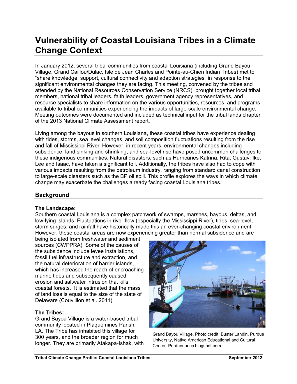 Vulnerability of Coastal Louisiana Tribes in a Climate Change Context