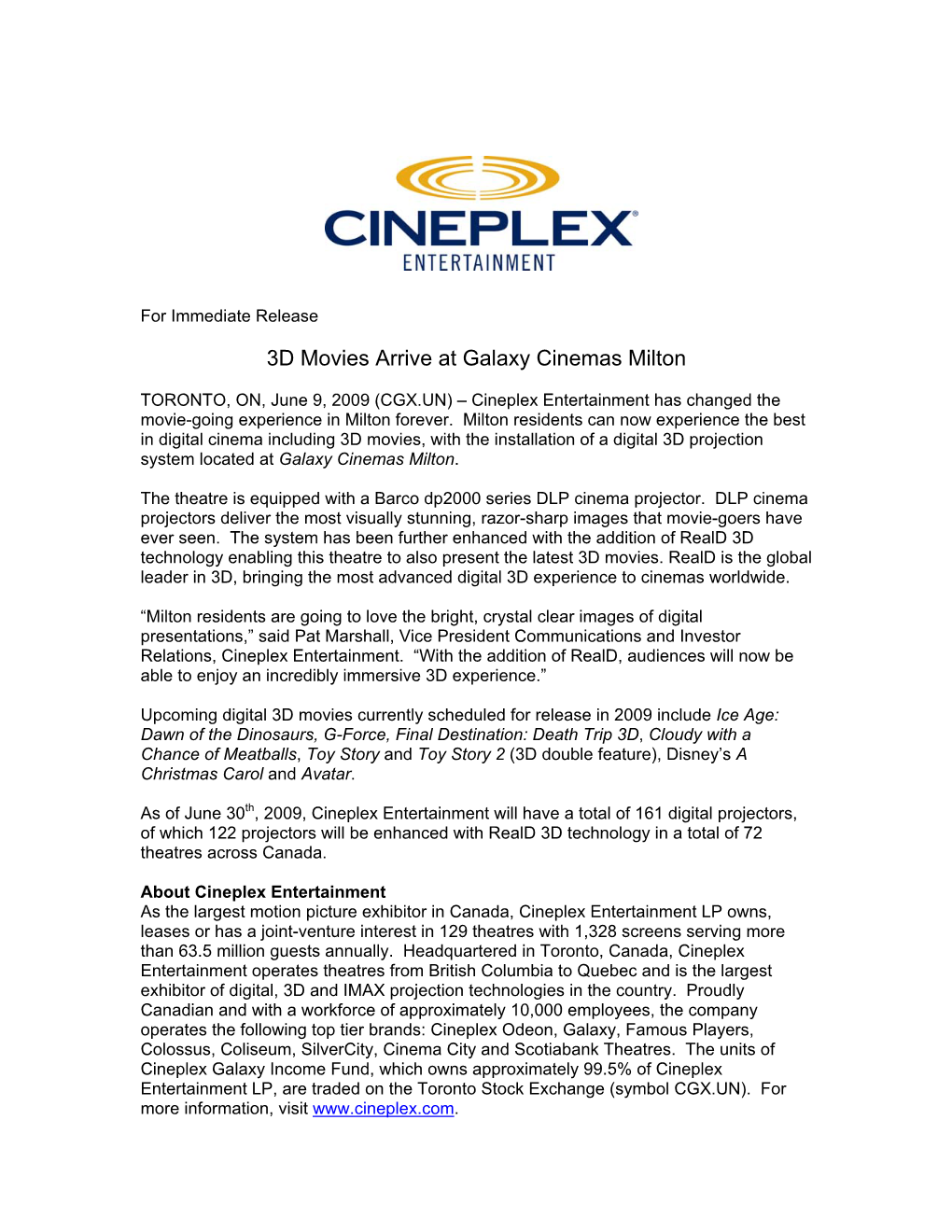 3D Movies Arrive at Galaxy Cinemas Milton