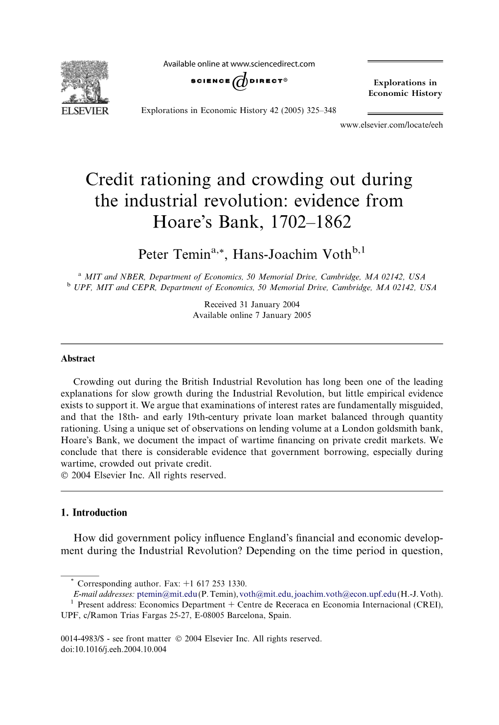 Credit Rationing and Crowding out During the Industrial Revolution: Evidence from Hoareõs Bank, 1702–1862