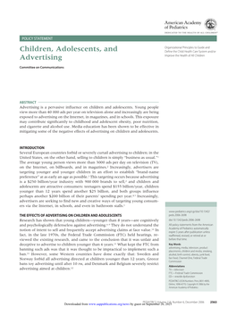 Children, Adolescents, and Advertising Committee on Communications Pediatrics 2006;118;2563 DOI: 10.1542/Peds.2006-2698