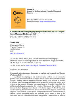 Proposals to Read an Oral Corpus from Marene (Piedmont, Italy) DOI: 10.34158/ONOMA.54/2019/2