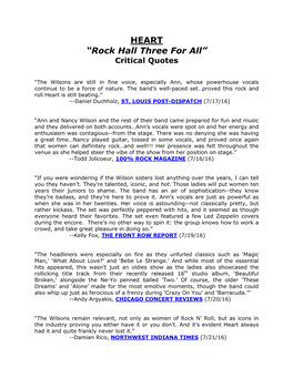 HEART “Rock Hall Three for All” Critical Quotes