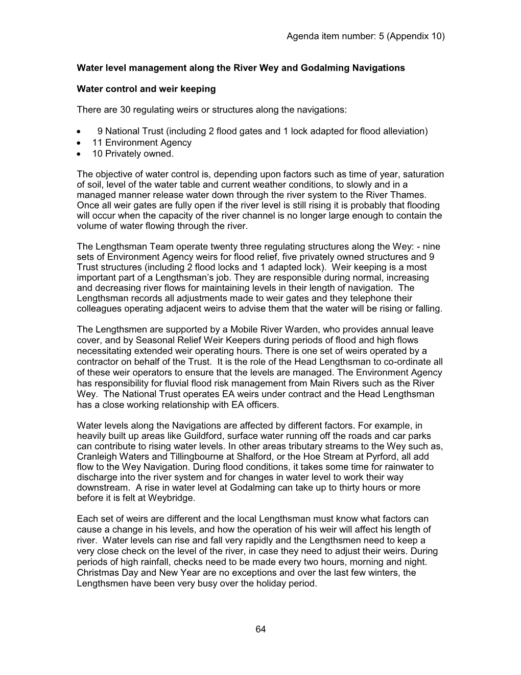 Agenda Item Number: 5 (Appendix 10) 64 Water Level Management Along the River Wey and Godalming Navigations Water Control and We