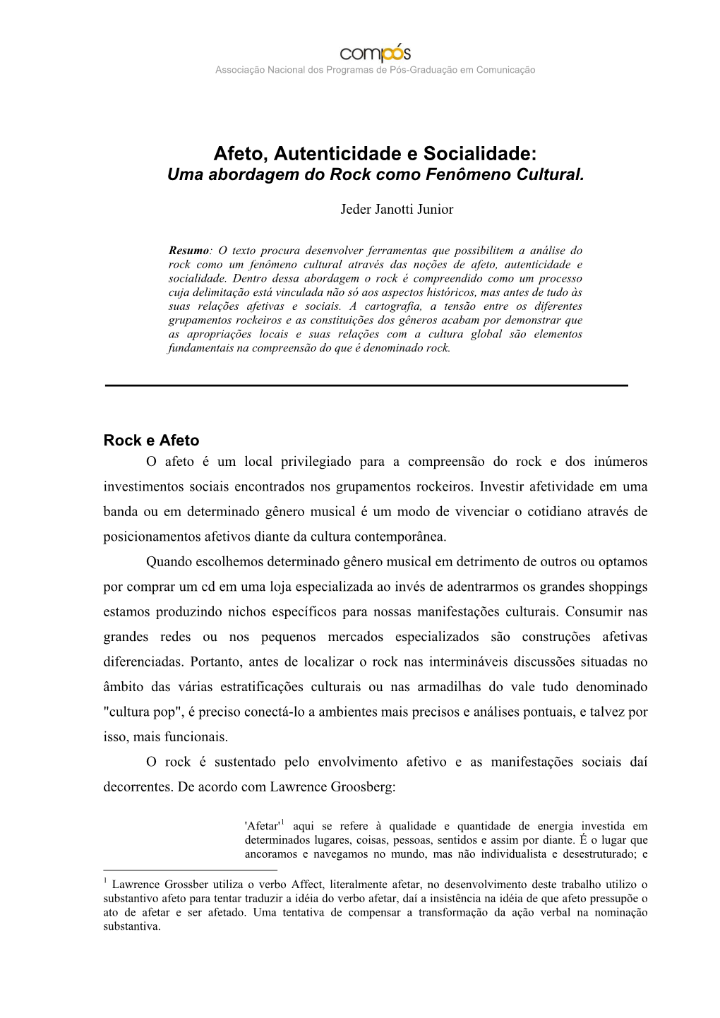 Afeto, Autenticidade E Socialidade: Uma Abordagem Do Rock Como Fenômeno Cultural