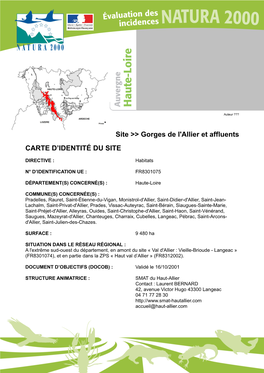 Site &gt;&gt; Gorges De L'allier Et Affluents CARTE D'identité DU SITE