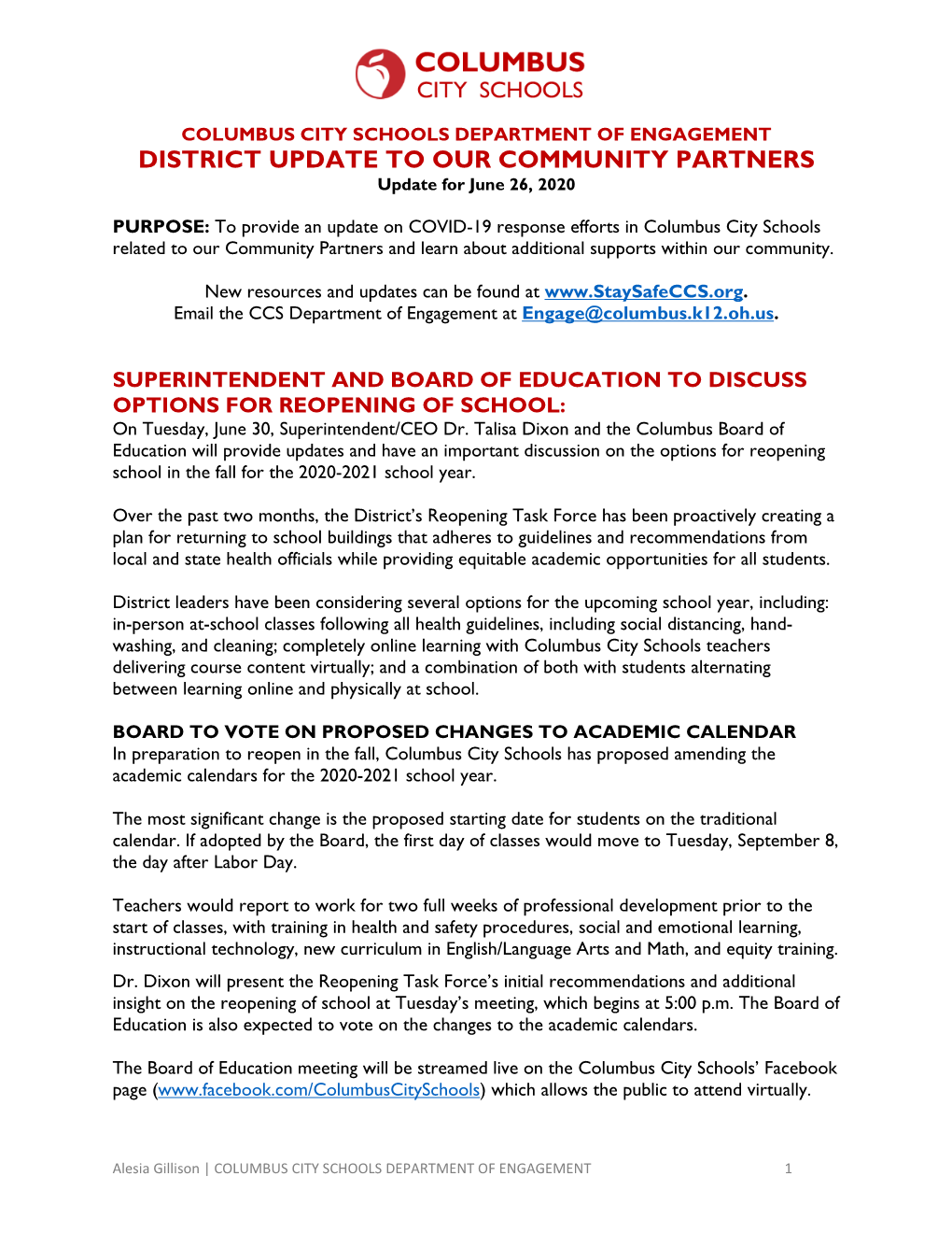DISTRICT UPDATE to OUR COMMUNITY PARTNERS Update for June 26, 2020