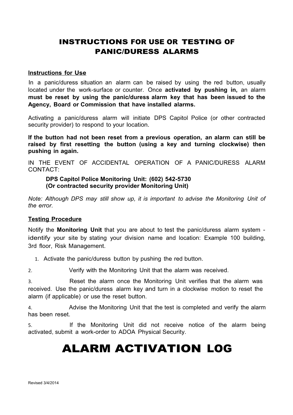 Instructions for Use Or Testing of Panic/Duress Alarms