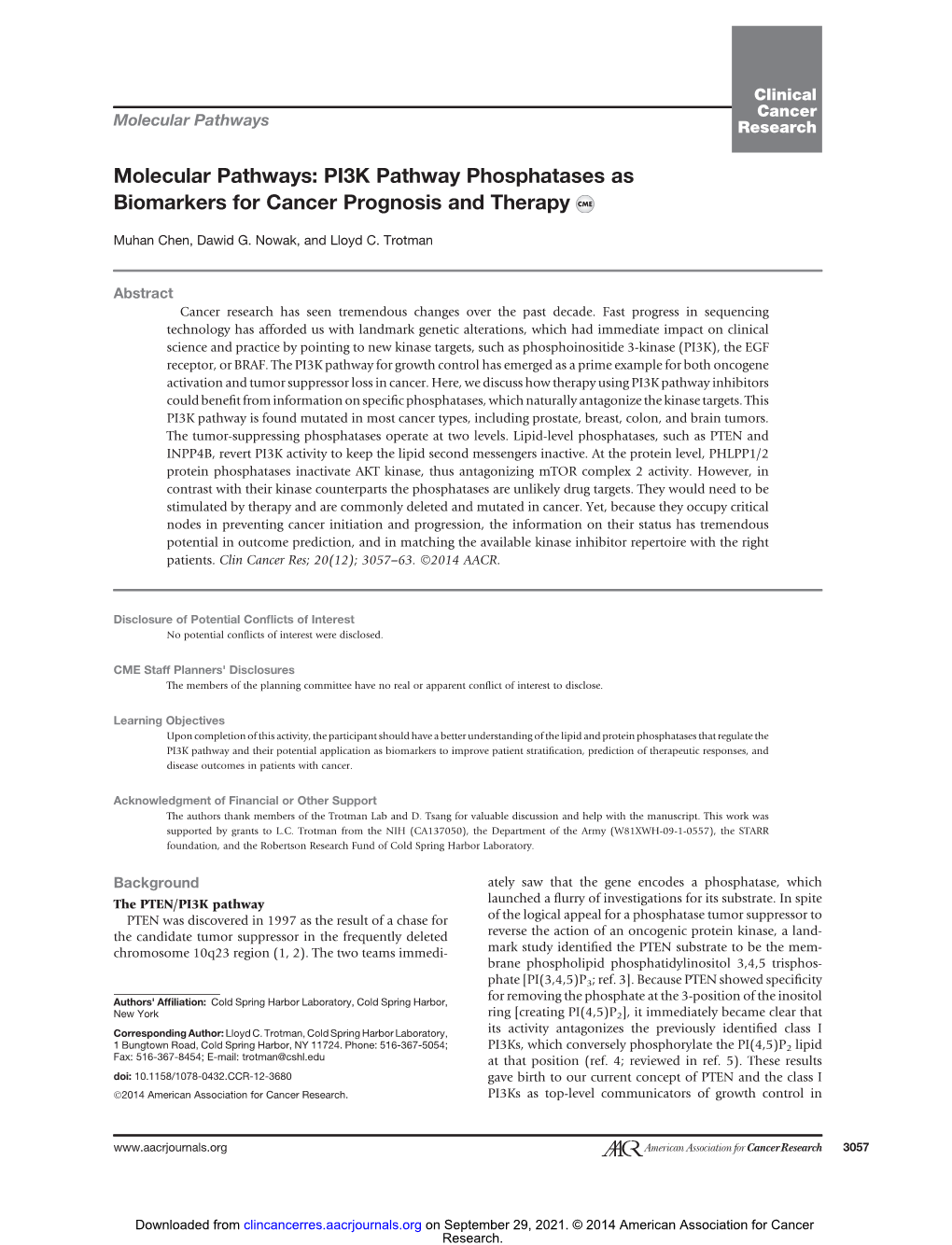 PI3K Pathway Phosphatases As Biomarkers for Cancer Prognosis and Therapy