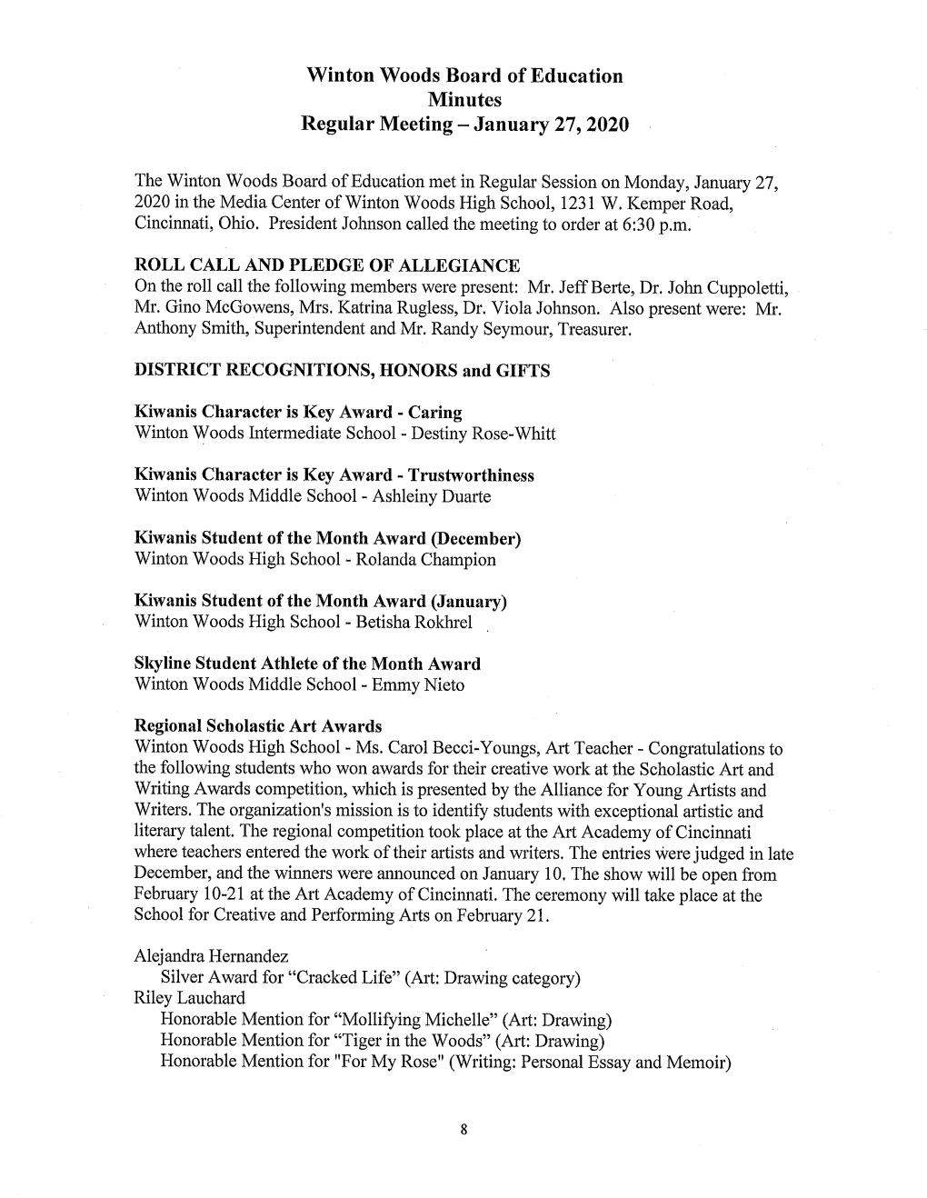 Winton Woods Board of Education Minutes Regular Meeting-January 27, 2020