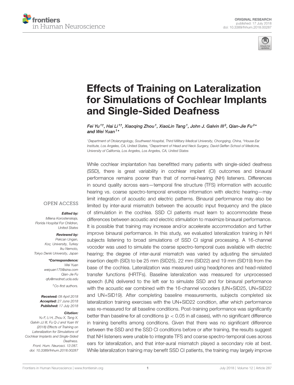 Effects of Training on Lateralization for Simulations of Cochlear Implants and Single-Sided Deafness