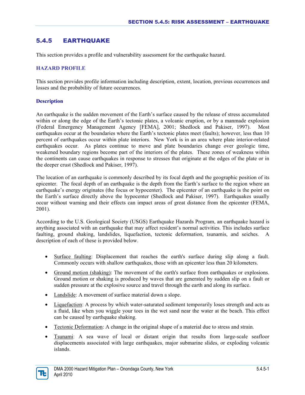 Section 5.4.5: Risk Assessment – Earthquake