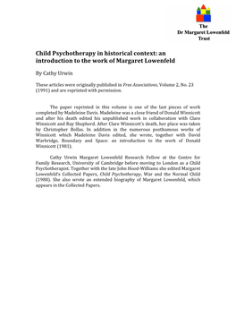 Child Psychotherapy in Historical Context: an Introduction to the Work of Margaret Lowenfeld