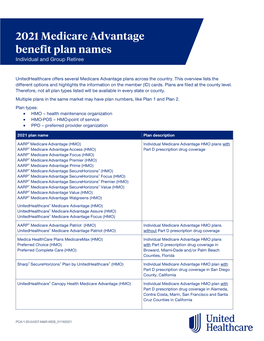 2021 Medicare Advantage Benefit Plan Names Individual and Group Retiree