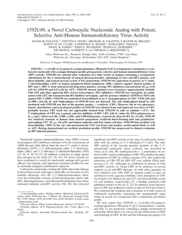1592U89, a Novel Carbocyclic Nucleoside Analog with Potent, Selective Anti-Human Immunodeﬁciency Virus Activity SUSAN M