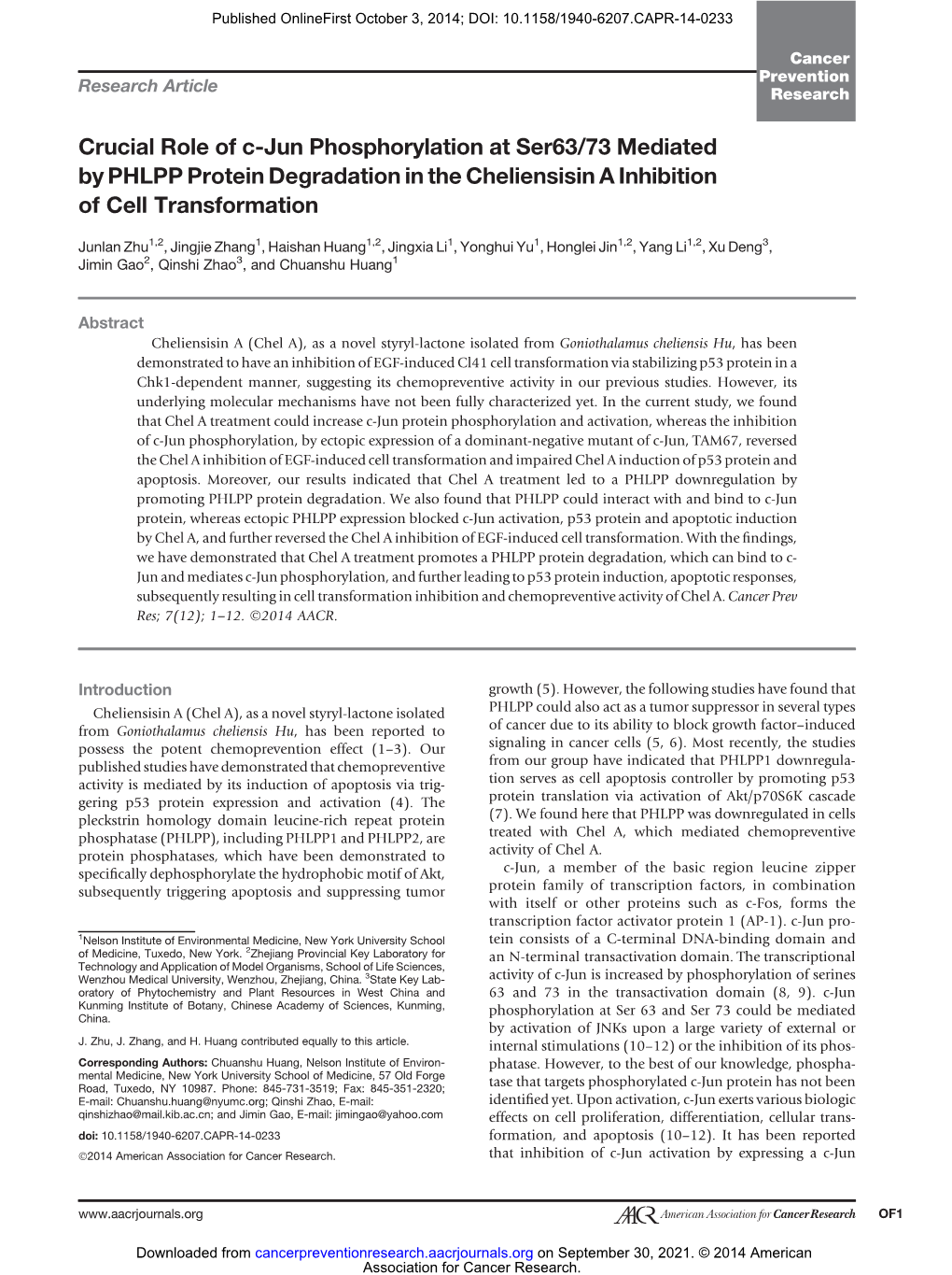 Crucial Role of C-Jun Phosphorylation at Ser63/73 Mediated by PHLPP Protein Degradation in the Cheliensisin a Inhibition of Cell Transformation