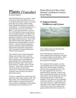 Plants Observed in Day, Grant, Marshall, and Roberts Counties, South Dakota. Tallgrass Prairie Wildflowers and Grasses