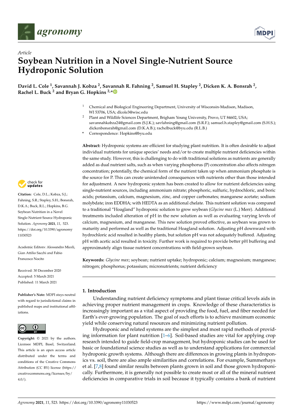 Soybean Nutrition in a Novel Single-Nutrient Source Hydroponic Solution