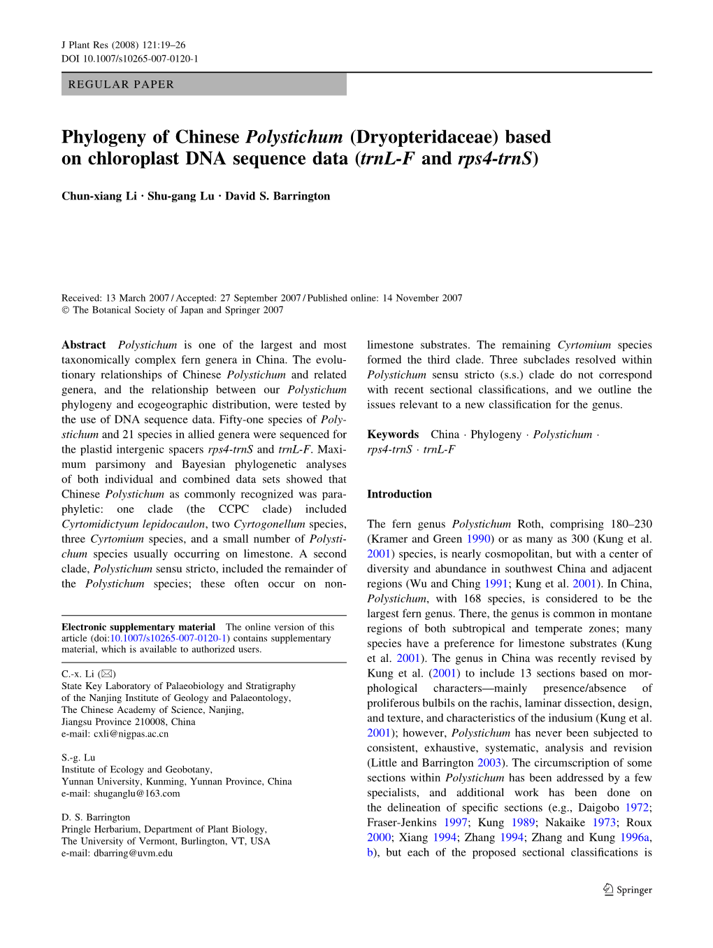 Phylogeny of Chinese Polystichum (Dryopteridaceae) Based on Chloroplast DNA Sequence Data (Trnl-F and Rps4-Trns)