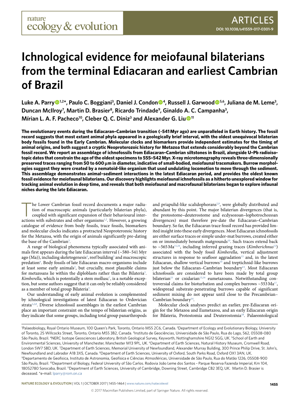 Ichnological Evidence for Meiofaunal Bilaterians from the Terminal Ediacaran and Earliest Cambrian of Brazil