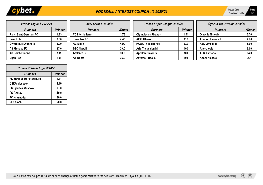 Football Antepost Coupon 1/2 2020/21 14/02/2021 13:12 1 / 6