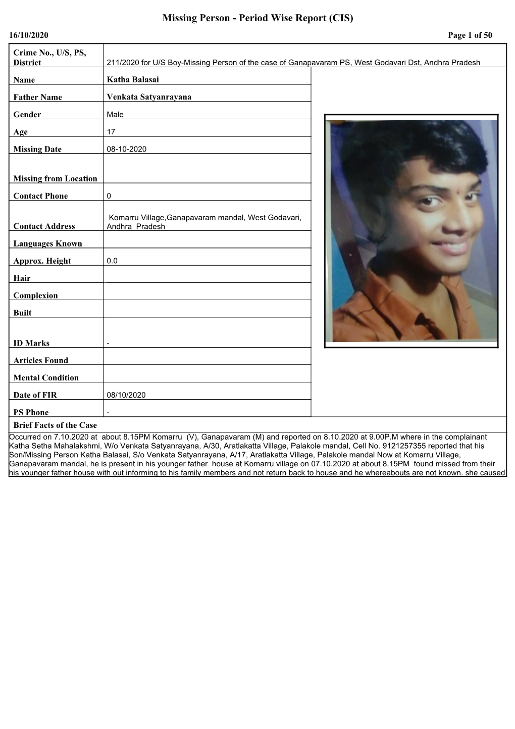 Missing Person - Period Wise Report (CIS) 16/10/2020 Page 1 of 50