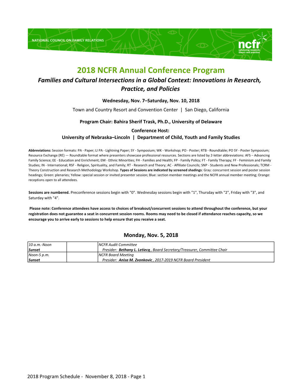 2018 NCFR Annual Conference Program Families and Cultural Intersections in a Global Context: Innovations in Research, Practice, and Policies