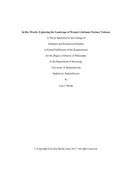 Exploring the Landscape of Women's Intimate Partner Violence a Thesis Submitted to the College of Graduate and P
