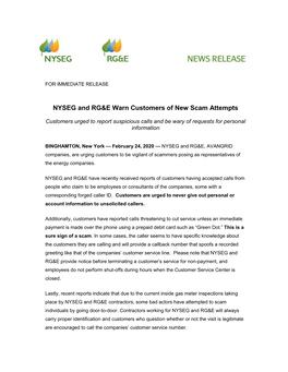 NYSEG and RG&E Warn Customers of New Scam Attempts