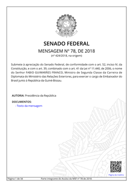SENADO FEDERAL MENSAGEM Nº 78, DE 2018 (Nº 424/2018, Na Origem)