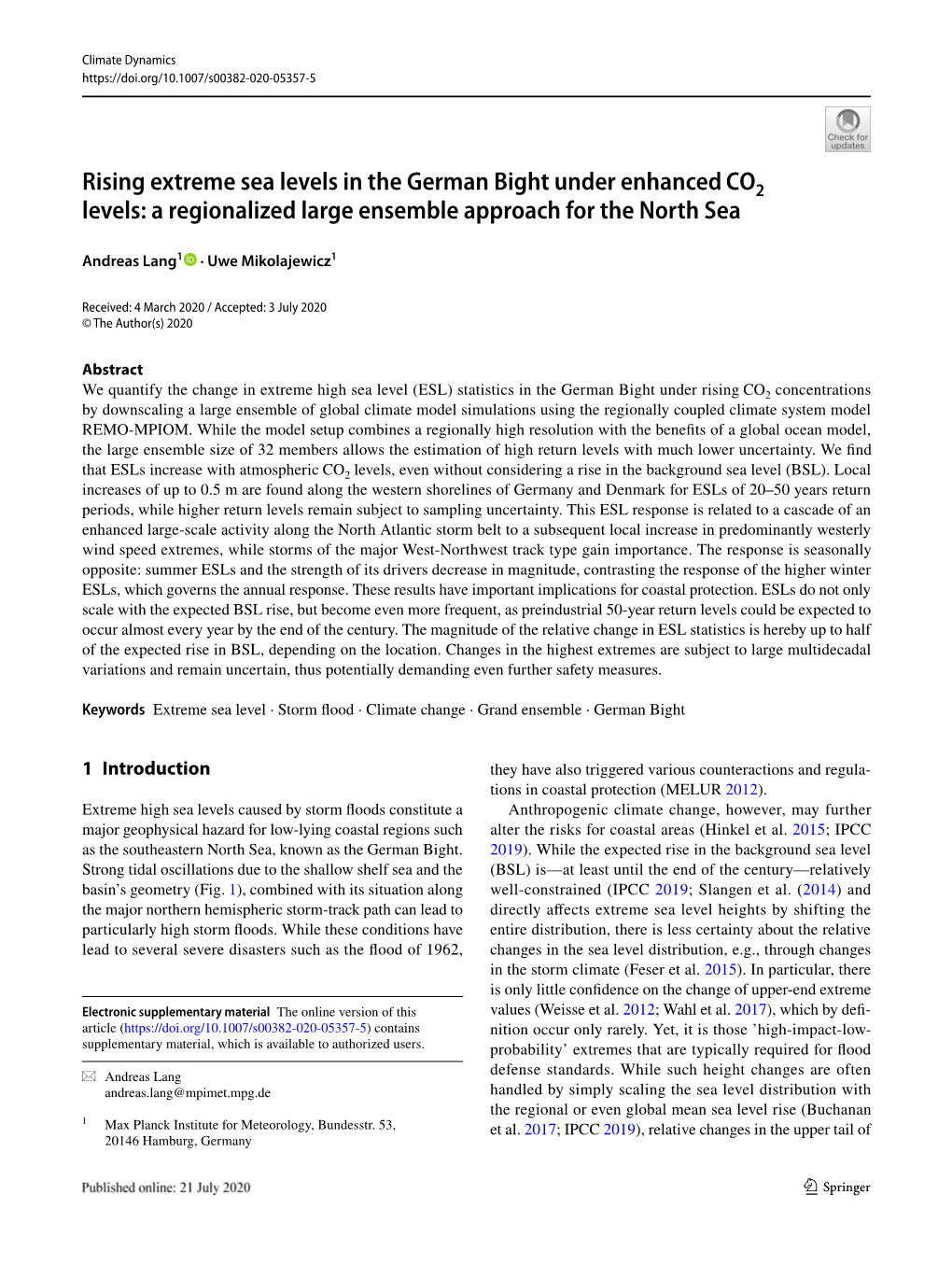 Rising Extreme Sea Levels in the German Bight Under Enhanced Levels: a Regionalized Large Ensem…