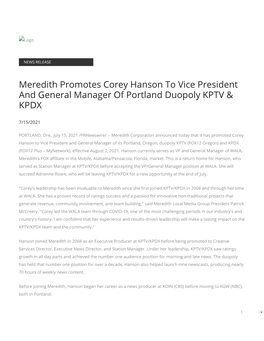 Meredith Promotes Corey Hanson to Vice President and General Manager of Portland Duopoly KPTV & KPDX