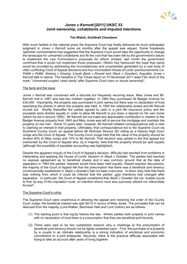 Jones V Kernott [2011] UKSC 53 Joint Ownership, Cohabitants and Imputed Intentions