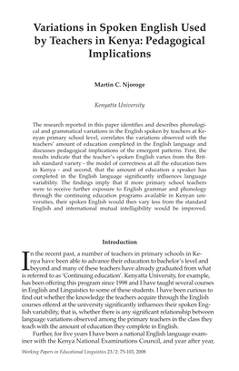 Variations in Spoken English Used by Teachers in Kenya: Pedagogical Implications