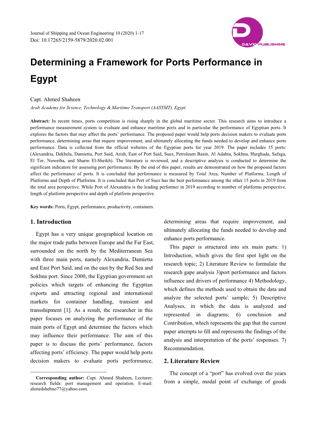 Determining a Framework for Ports Performance in Egypt