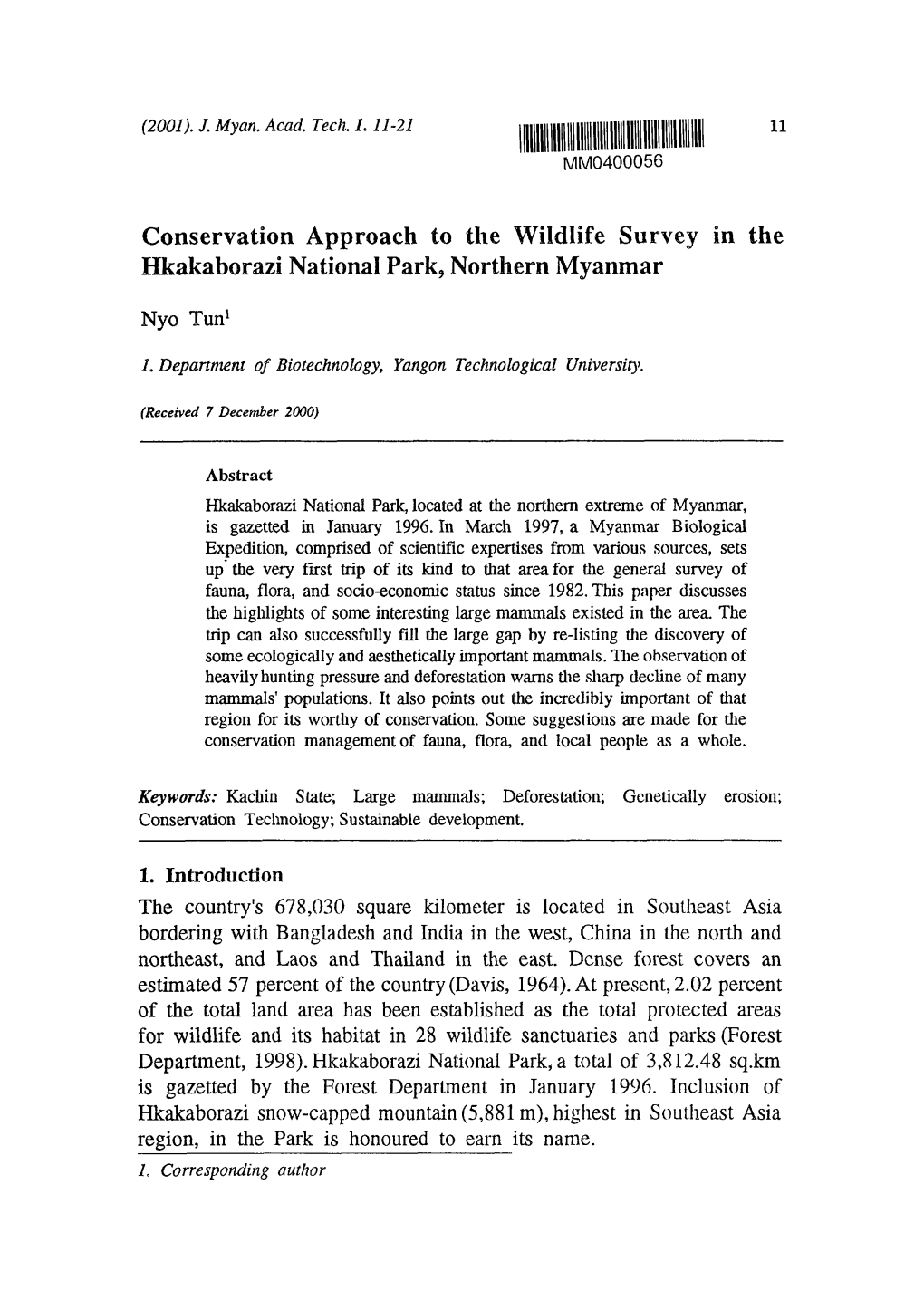 Conservation Approach to the Wildlife Survey in the Hkakaborazi National Park, Northern Myanmar