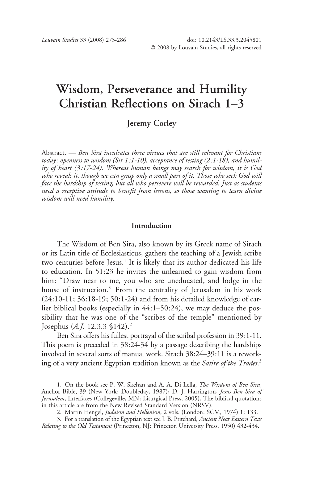 Wisdom, Perseverance and Humility Christian Reflections on Sirach 1–3 Jeremy Corley