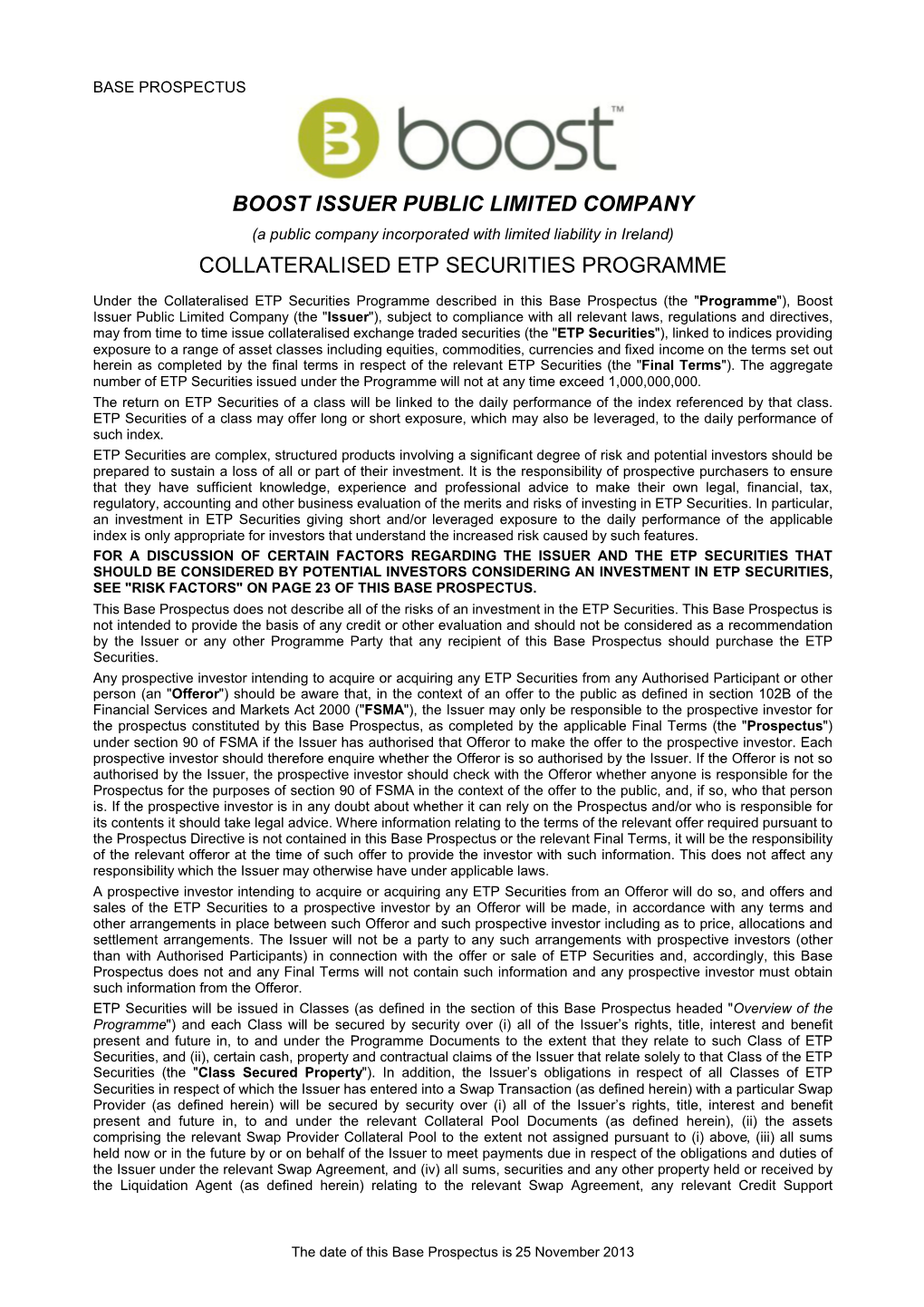 Boost Issuer Public Limited Company Collateralised