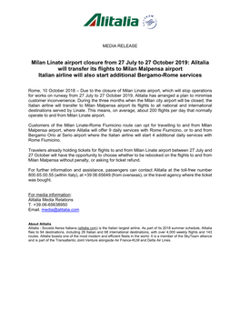 Milan Linate Airport Closure from 27 July to 27 October 2019: Alitalia Will