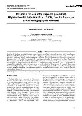 Taxonomic Revision of the Oligocene Percoid Fish Oligoserranoides Budensis (Heckel, 1856), from the Paratethys and Paleobiogeographic Comments