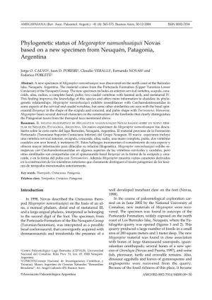 Phylogenetic Status of Megaraptor Namunhuaiquii Novas Based on a New Specimen from Neuquén, Patagonia, Argentina