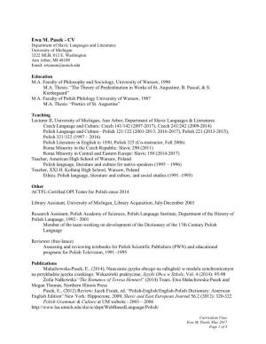 Ewa M. Pasek - CV Department of Slavic Languages and Literatures University of Michigan 3222 MLB, 812 E