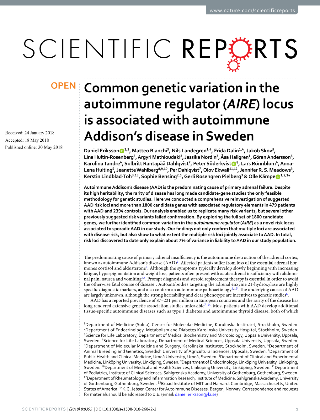 (AIRE) Locus Is Associated with Autoimmune Addison's Disease in Sweden