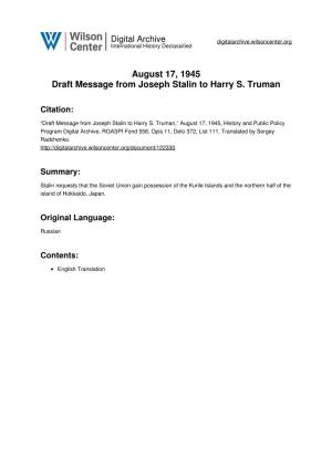August 17, 1945 Draft Message from Joseph Stalin to Harry S. Truman