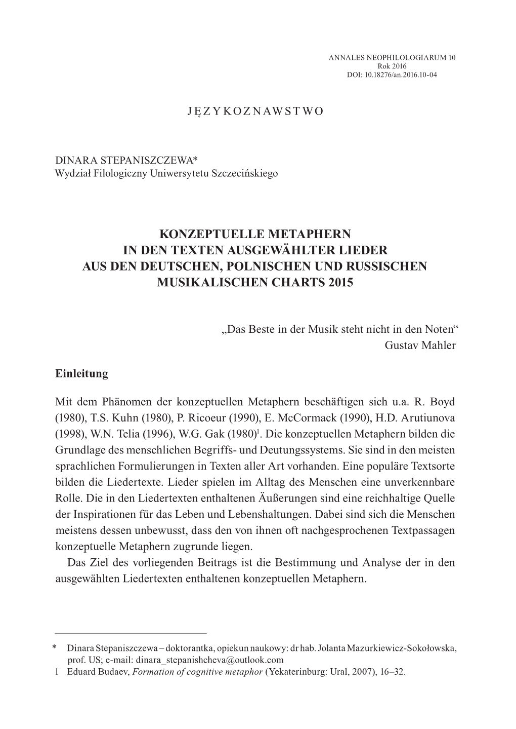 Konzeptuelle Metaphern in Den Texten Ausgewählter Lieder Aus Den Deutschen, Polnischen Und Russischen Musikalischen Charts 2015