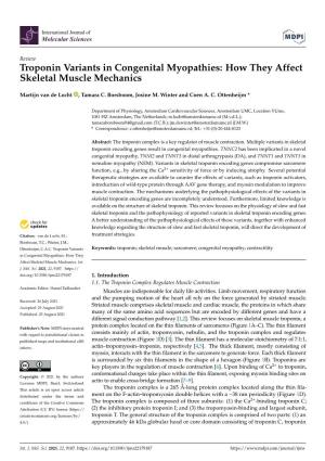 Troponin Variants in Congenital Myopathies: How They Affect Skeletal Muscle Mechanics